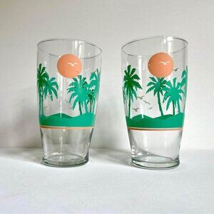 Vintage 1970s Large Oversized Tropical Palm Tree Drinking Tumbler Glasses - Lot